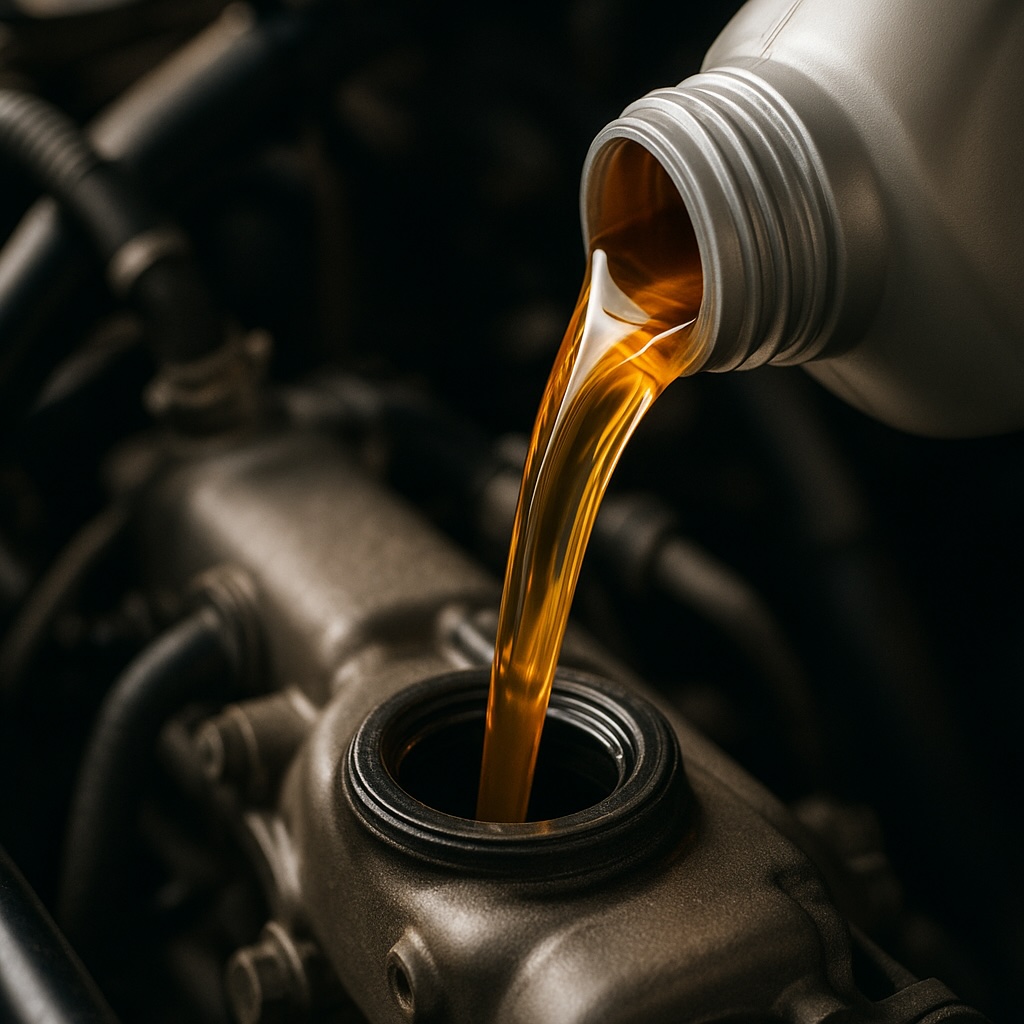 Hoco Automarkt Minden Ölwechsel Symbolbild ChatGPT – goldfarbenes frisches Motoröl fließt aus einer Kanne in den Motorfüllstutzen, Nahaufnahme, Werkstattlicht.