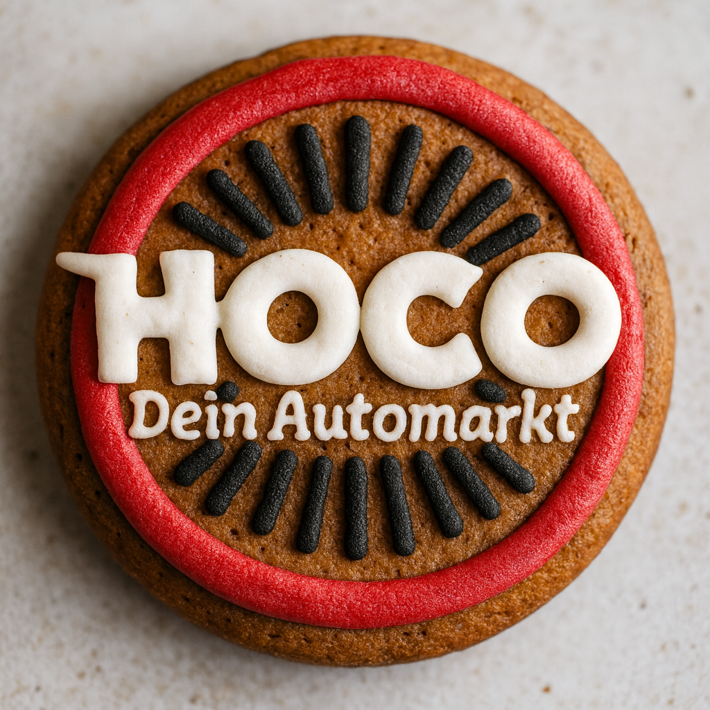 Modernes HOCO-Logo „Dein Automarkt“ als weihnachtlicher Lebkuchen mit Zuckerguss